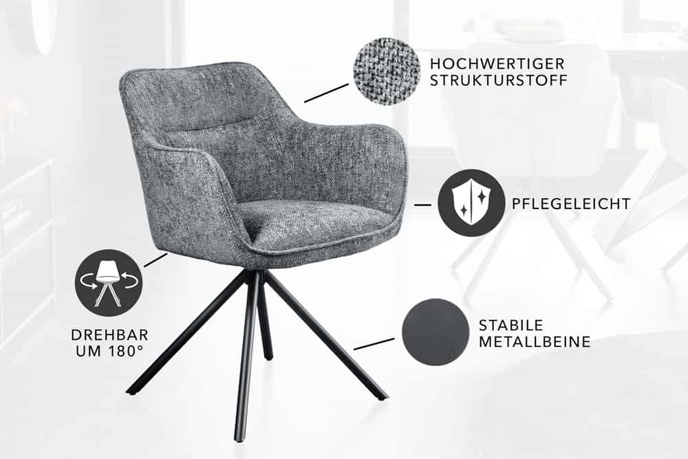 Drehbarer Stuhl VERONA grau Strukturstoff mit Armlehne Metallbeine schwarz
