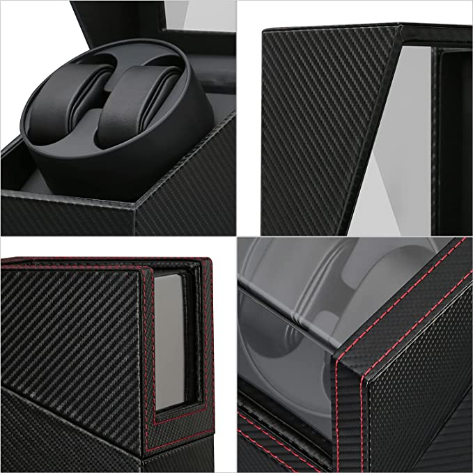 Automatische Leder Uhrenbeweger Box Rotierendes Uhren Gehäuse für 2 Uhren im Carbon Look - Schwarz / Rot
