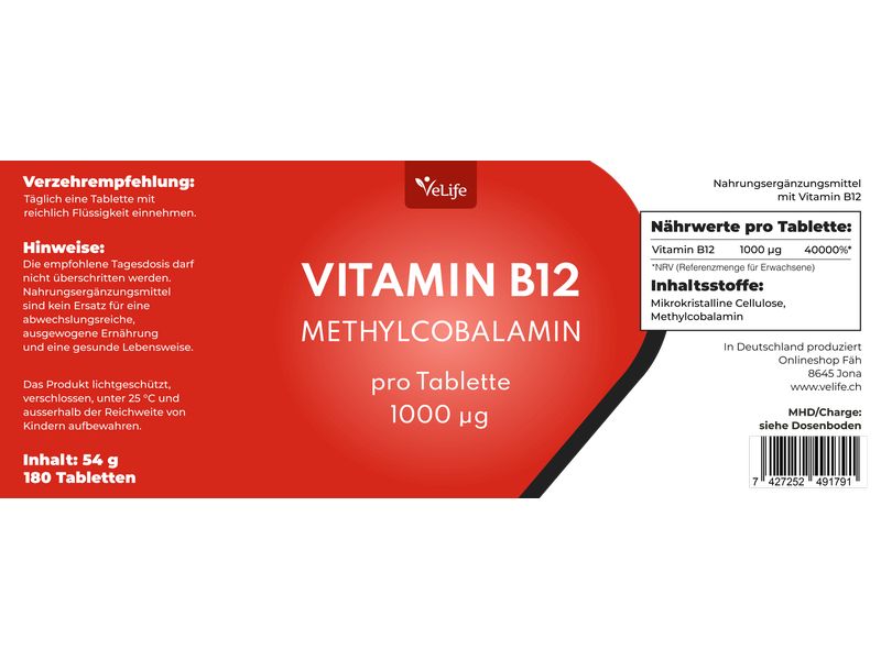 VeLife Vitamin B12 180 Tabletten Veganes Nahrungsergänzungsmittel