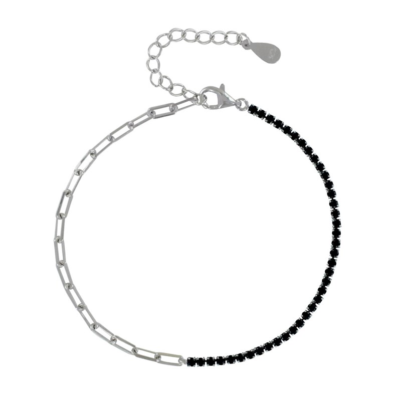 Bracelet Argent Mailles Cheval et Petits Cubes de Strass - Noir