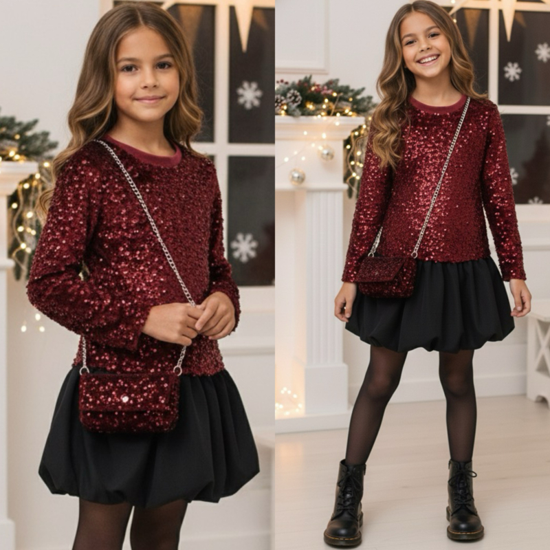 Sparkle elegance dress & bag - bordeaux