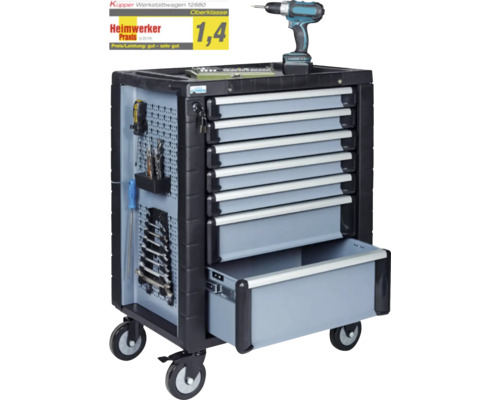 Küpper werkplaatswagen, gehamerd zilver, 725 x 930 x 465 mm, uitgerust