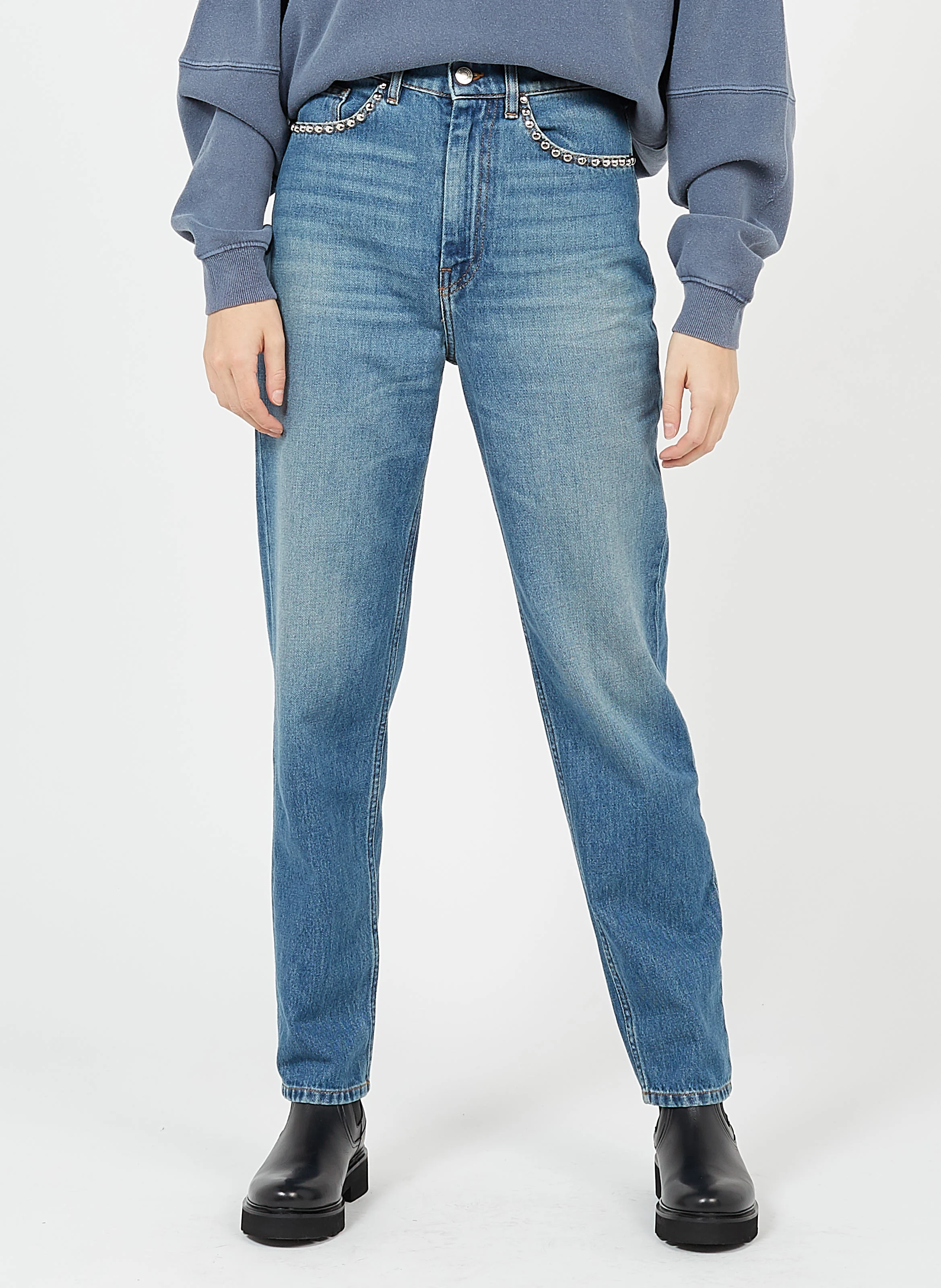 DAME - Jean droit taille haute en coton| Jean Délavé