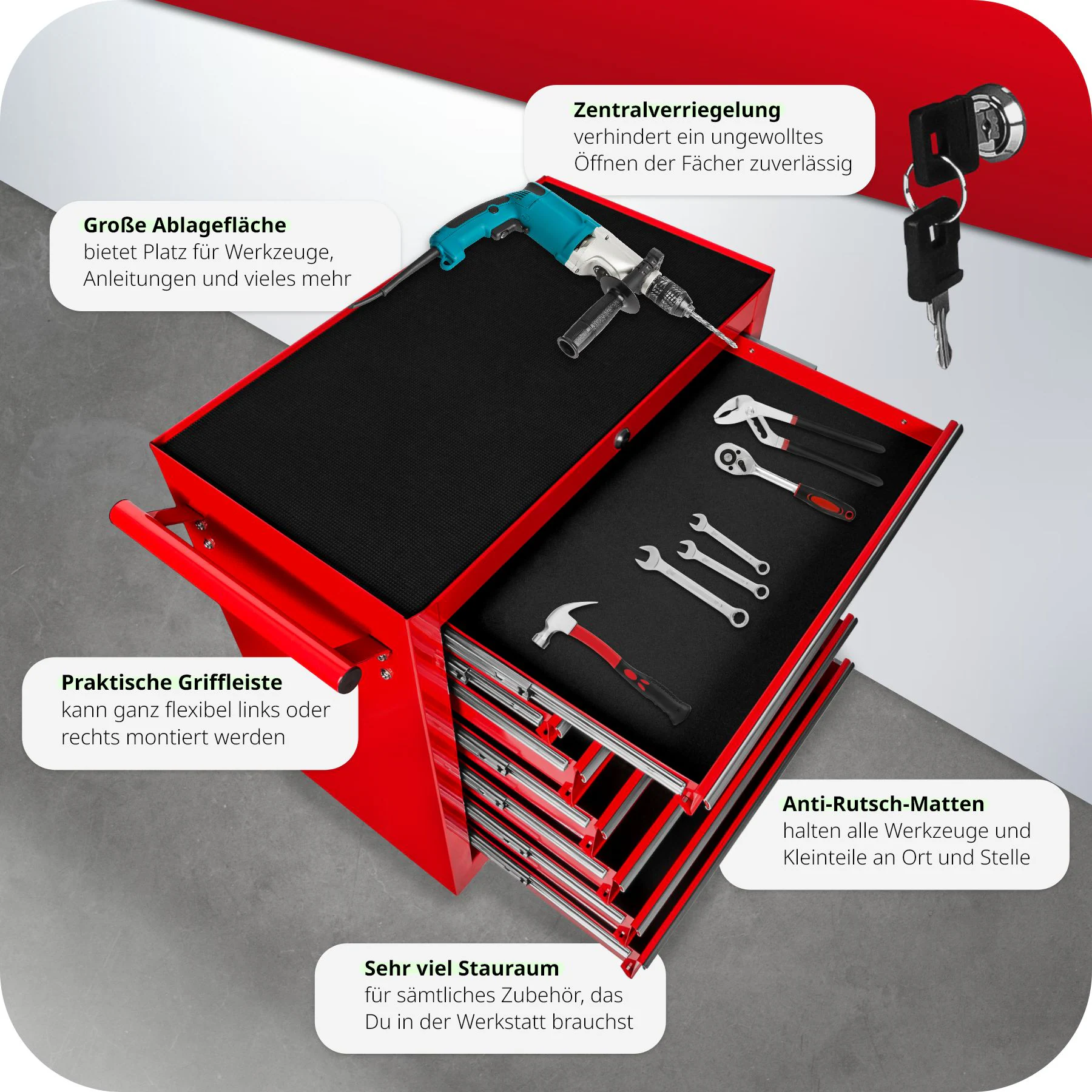 tectake® Werkzeugwagen, 7 kugelgelagerte Schubladen mit Antirutschmatten, zentrale Sicherheitsverriegelung, Rollen Ø 100 mm
