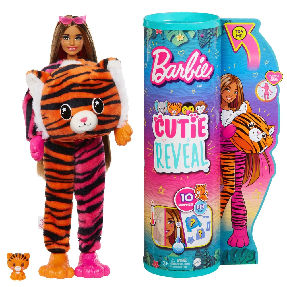 Barbie Cutie Reveal Puppe mit Tiger-Plüschkostüm und 10 Überraschungen