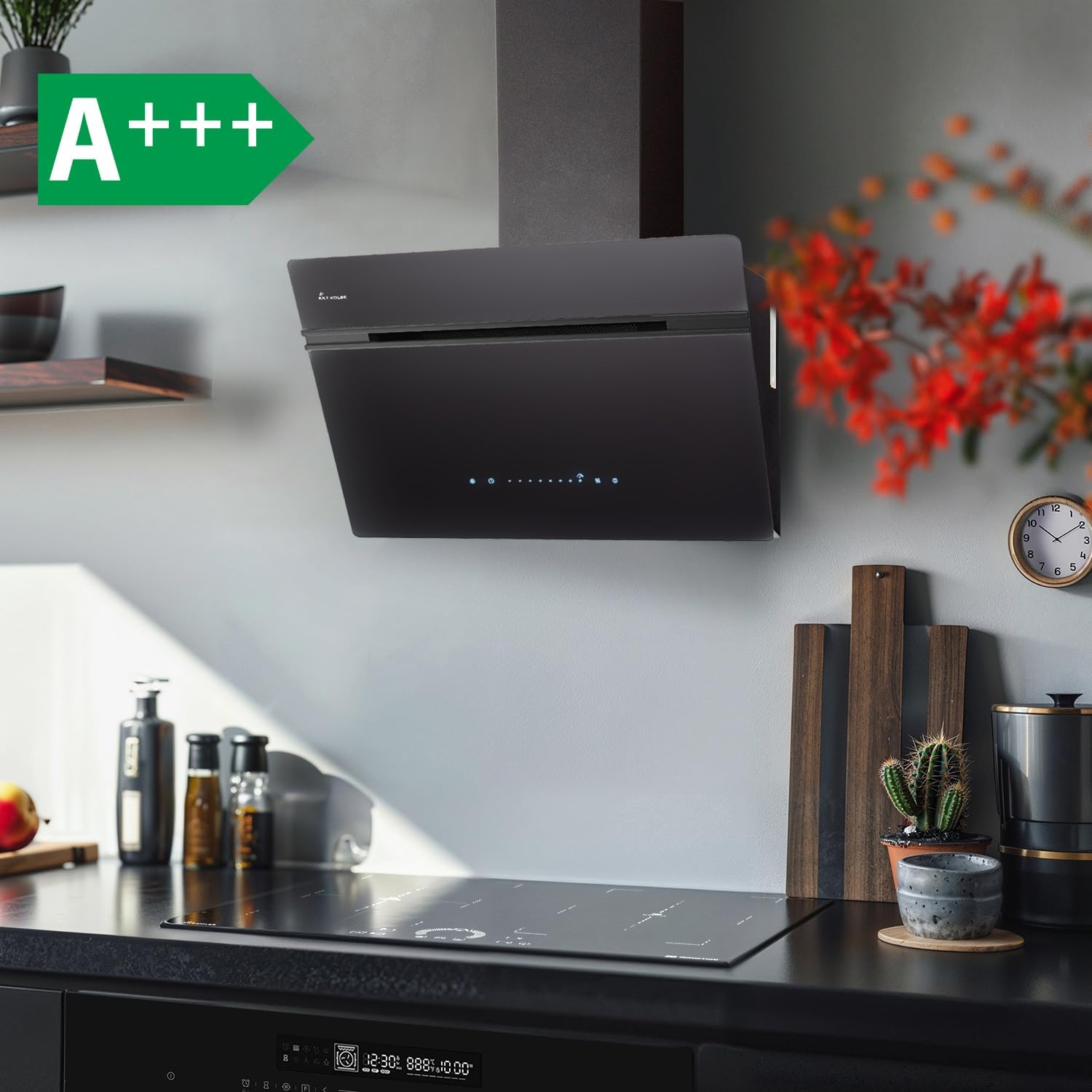 KKT KOLBE A+++ Dunstabzugshaube 60 cm 782 cbm/h Umluft Abluft Kopffrei Wandhaube | Schwarz | Glas | Nachlaufautomatik | Smart WiFi App WLAN | SensorTouch | RGBW LED-Beleuchtung | AURORA6005FB