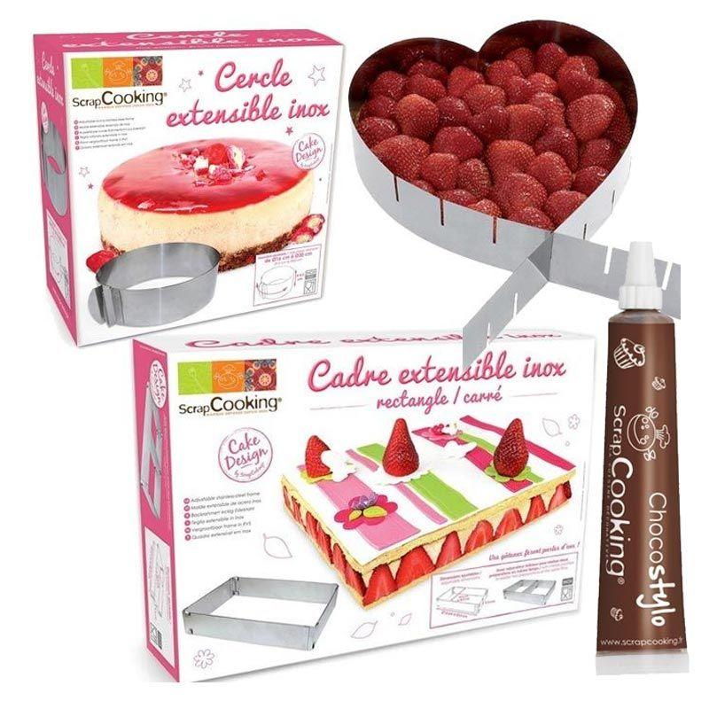 3 cadres pâtisserie extensibles coeur, cercle & rectangle + 1 Stylo ch