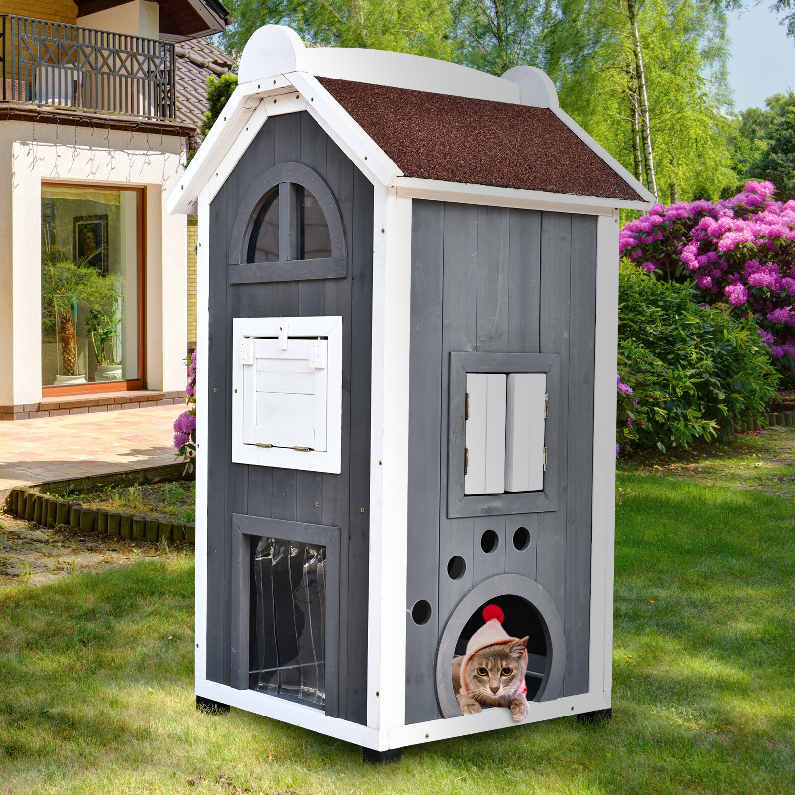 PawHut Katzenvilla mit Asphaltdach grau, weiß 59 x 55 x 109 cm (LxBxH)