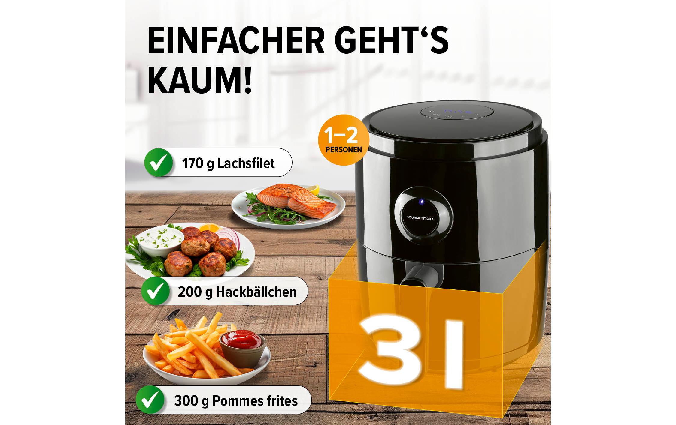 Heissluft-Fritteuse Digital 0.5 kg, SchwarzHeissluftofen, Grill und Fritteuse in einem Gerät