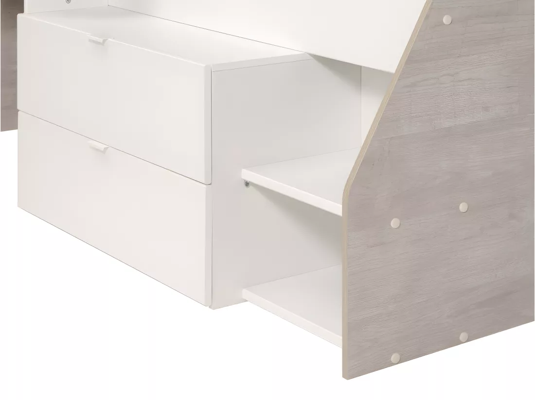 Lit avec bureau et rangements - 90 x 190/200 cm - Blanc et naturel - GISELE