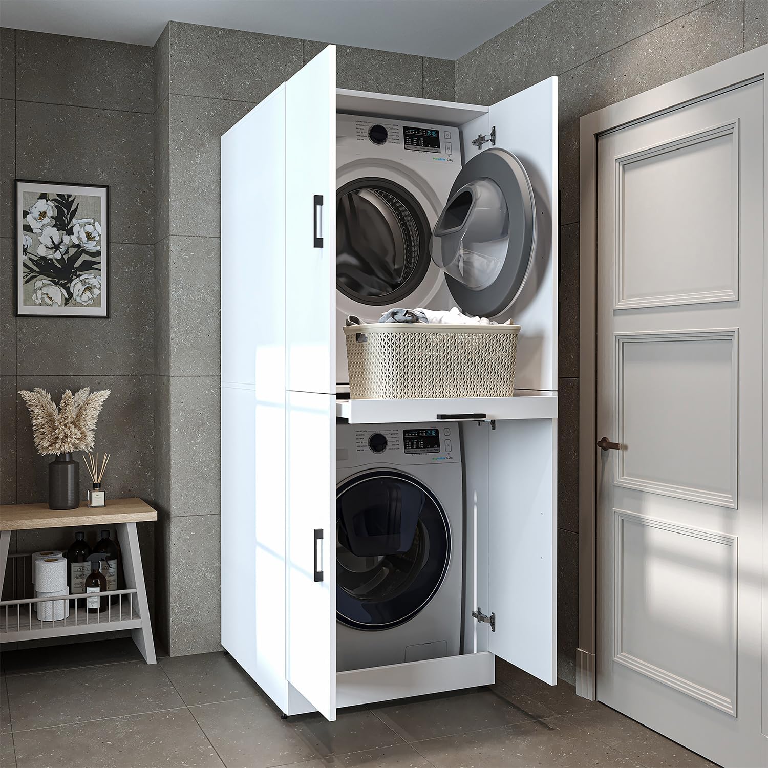 ROOMART Dora Armoire de machine à laver, pour sèche-linge et machine à laver, en 4 couleurs, avec portes et planche coulissante (chêne anthracite)