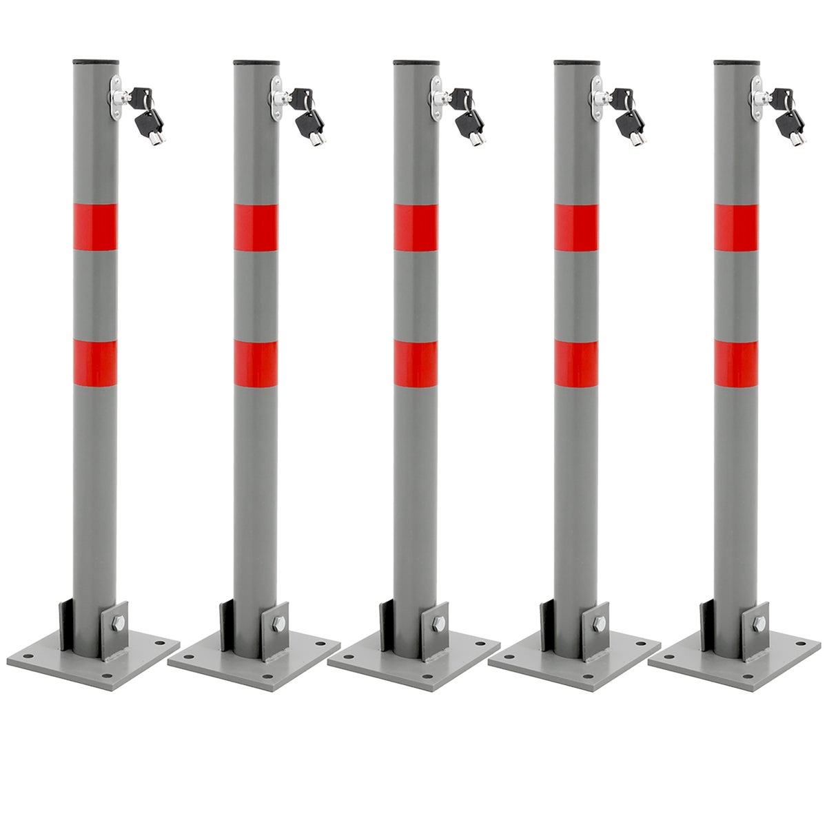 ECD Germany 5x Opvouwbare parkeerbeugel, rond, 71 cm, stalen parkeerpaal, 3 sleutels, antraciet met rode waarschuwingsstrepen, paal, parkeerbeugel, parkeerpaal, paal, standaard