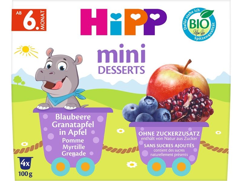 HIPP Dessert Blaubeere Granatapfel in Apfel 4 x 100g Bio Frucht-Pause Blaubeere Granatapfel in Apfel