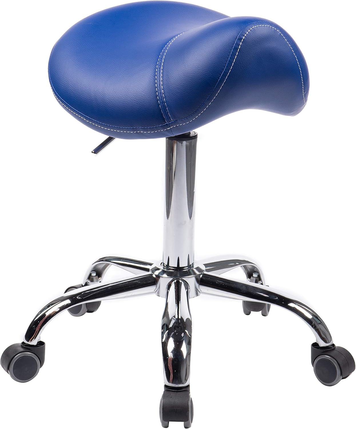 Sattelhocker Sattelstuhl MULY - Sitzhöhe bis ca. 74cm - ergonomischer Rollhocker Bürohocker Arzthocker Arbeitshocker Praxishocker Drehhocker (Lederimitat Royalblau)
