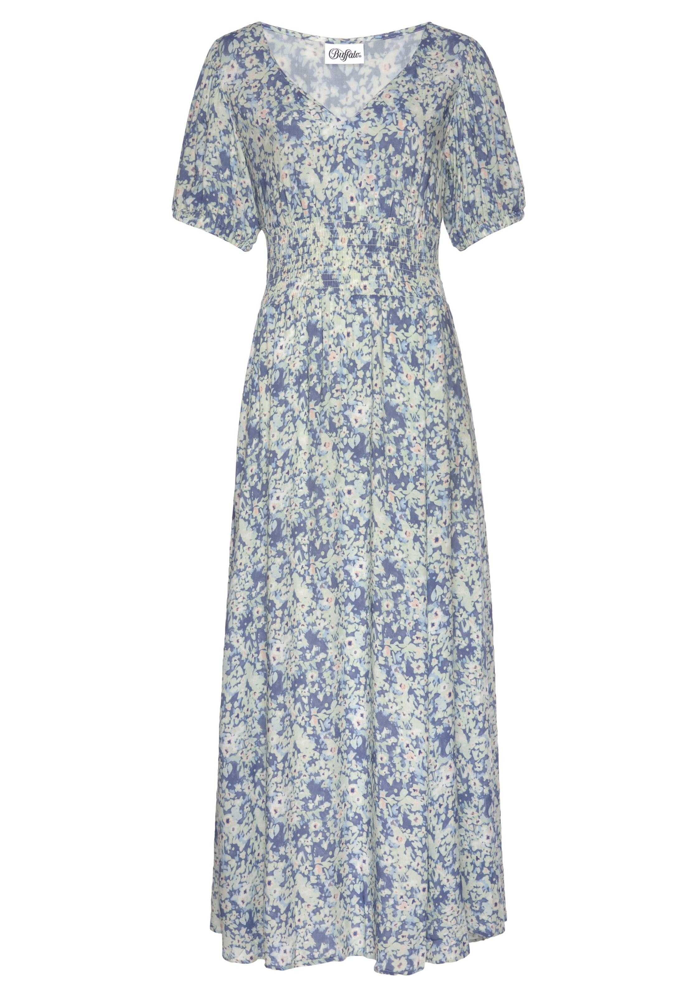 Buffalo Maxikleid mit zartem Blumendruck und V-Ausschnitt, Sommerkleid, Strandkleid