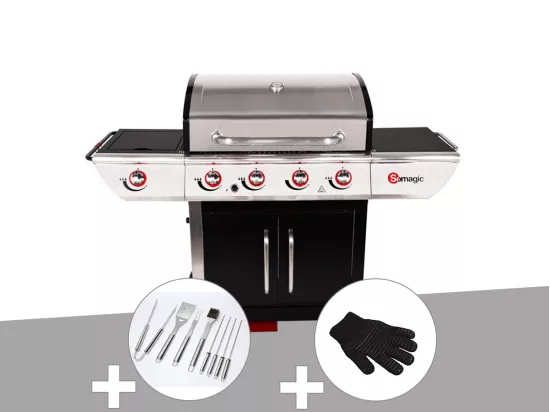 Barbecue à gaz avec chariot Manhattan 450GPI + plancha + Malette de 8 accessoires inox + Gant de protection
