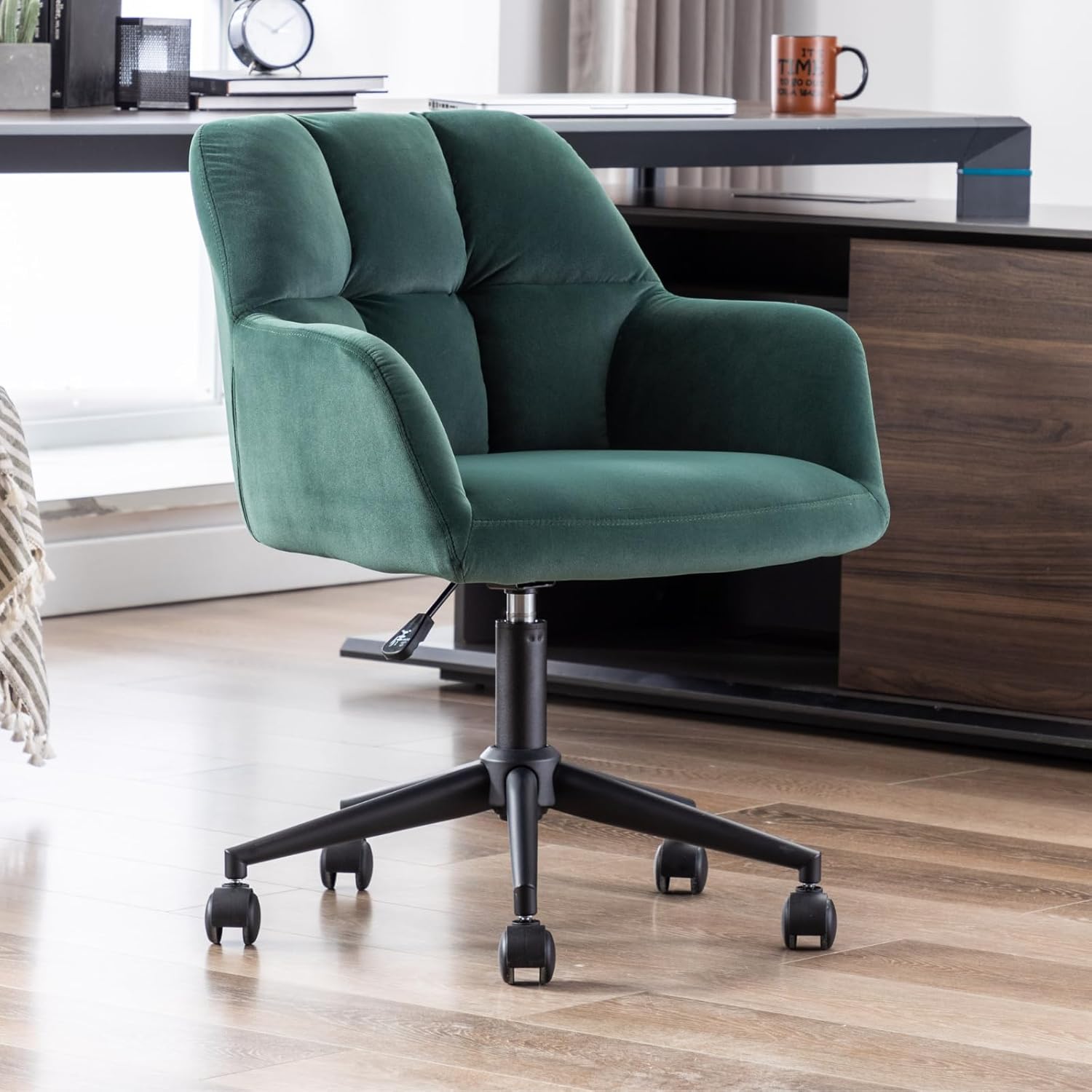 Bürostuhl Samt mit Rollen, Drehstuhl höhenverstellbar Schreibtischstuhl Dicker Rückenlehne Homeoffice Stuhl komfortabler für Arbeitszimmer, Schlafzimmer,Grün
