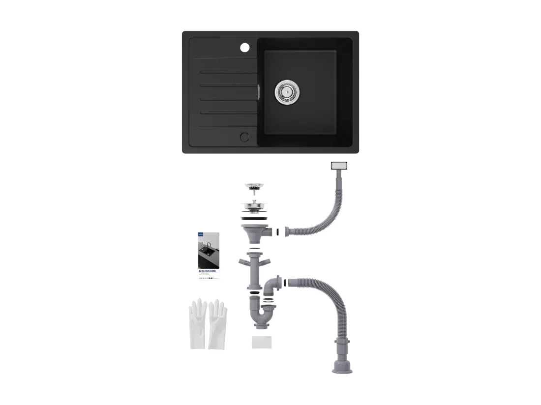 Cecipa max Evier de Cuisine avec égouttoir Noir 65 x 45 cm Evier à encastrer Evier 1 Bac Quartz et résine + 300ML Distributeur de Savon Brossé