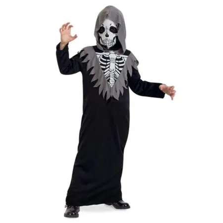 Fries Skelett Robe mit Kapuze und Maske, Größe 152 / 164