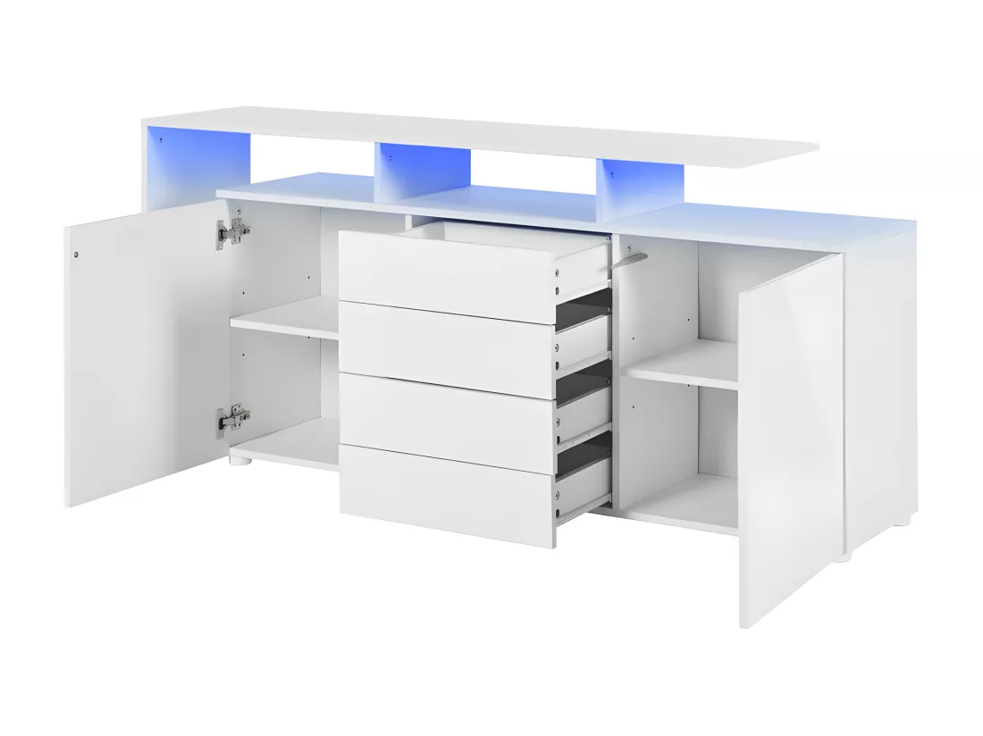 Buffet bas avec éclairage LED - 4 tiroirs et 2 portes - Blanc