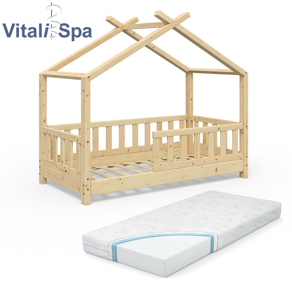 VITALISPA Kinderbett Hausbett DESIGN 70x140cm Natur Zaun Kinder Holz Haus Hausbett mit Matratze