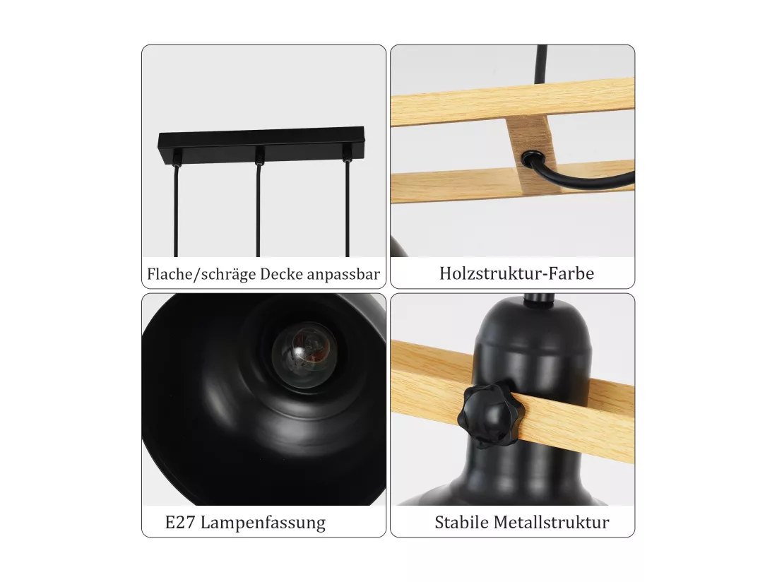 NETTLIFE Lampe suspendue vintage table à manger : 3 ampoules noir rétro industriel E27 MAX.40W