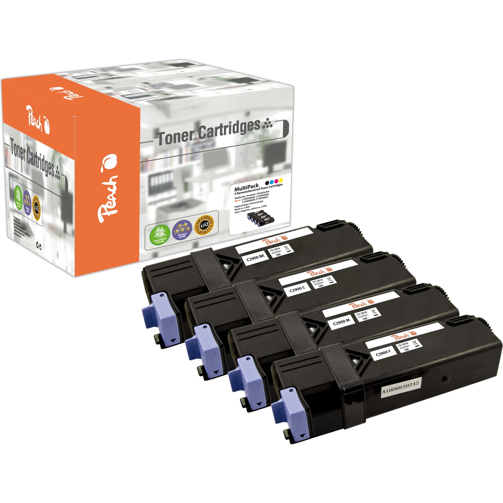 Peach E29004 Toner (bk, c/m/y) ersetzt Epson S050627-30, C13S050627-30 für z.B. Epson Aculaser C 2900 DN, Epson Aculaser C 2900 N (wiederaufbereitet)