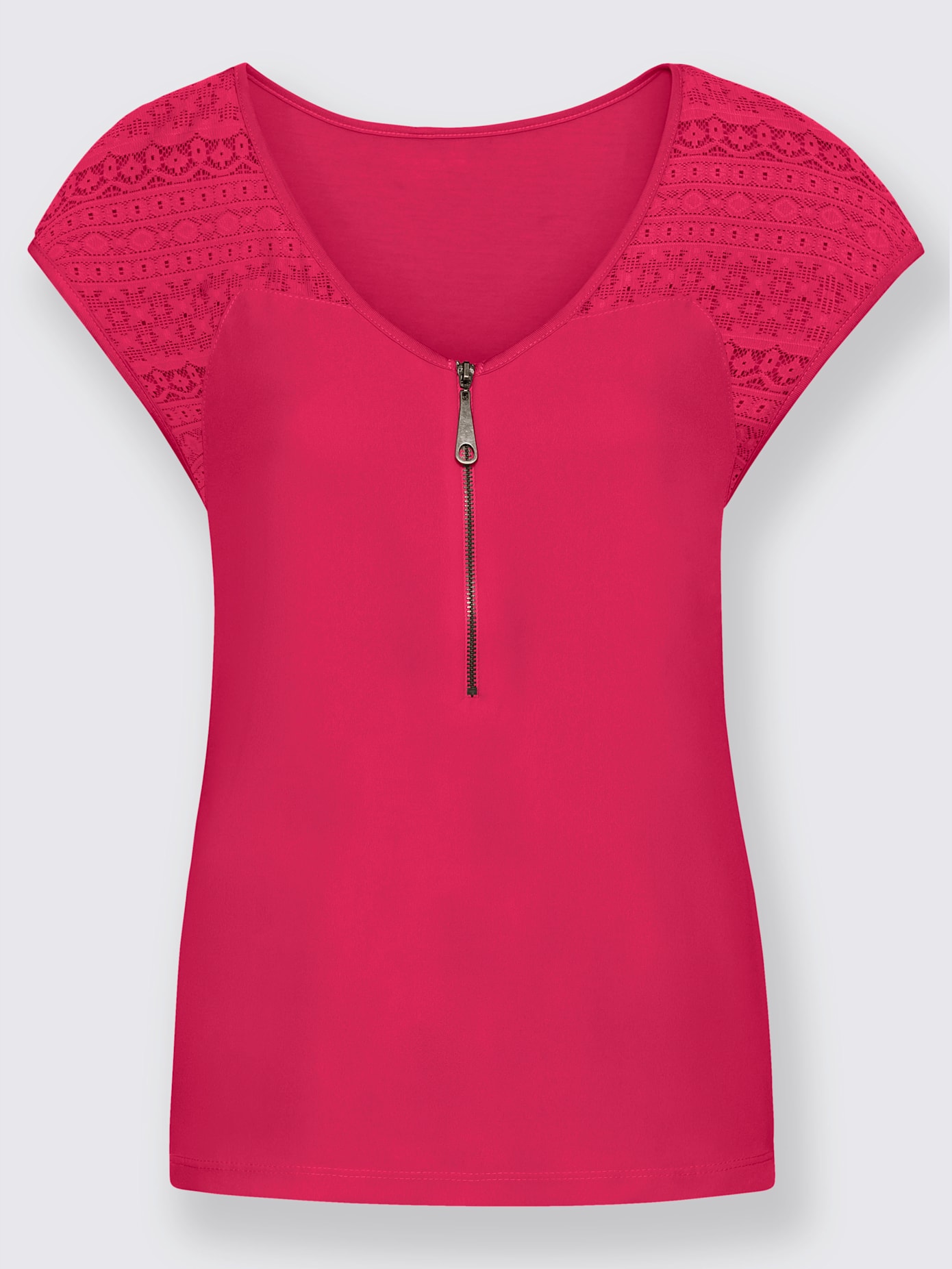 T-shirt col v à glissière épaules en dentelle