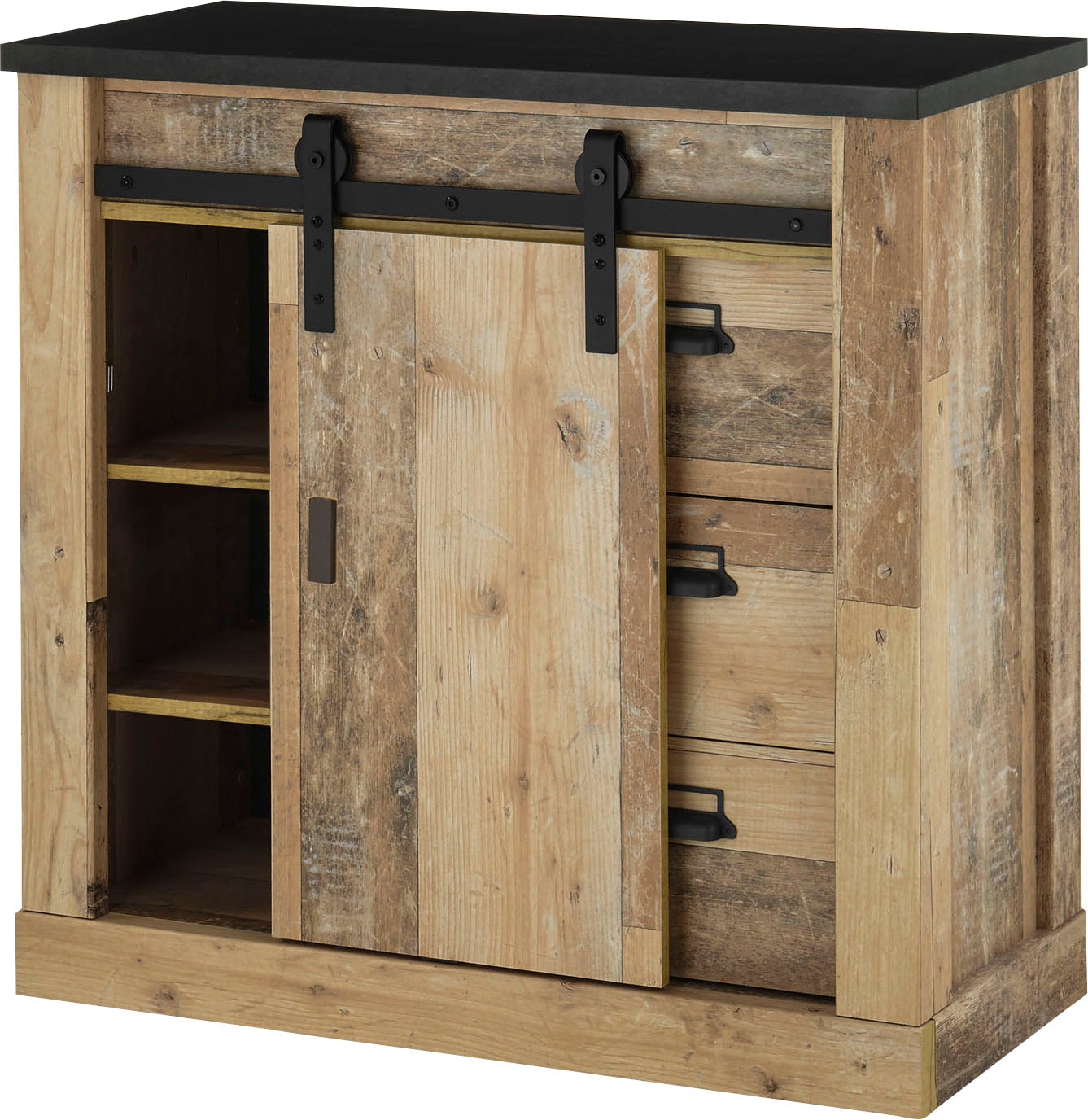 Home affaire Kommode »SHERWOOD« Holz Dekor, mit Scheunentorbeschlag und Apothekergriffen, Breite 92 cm