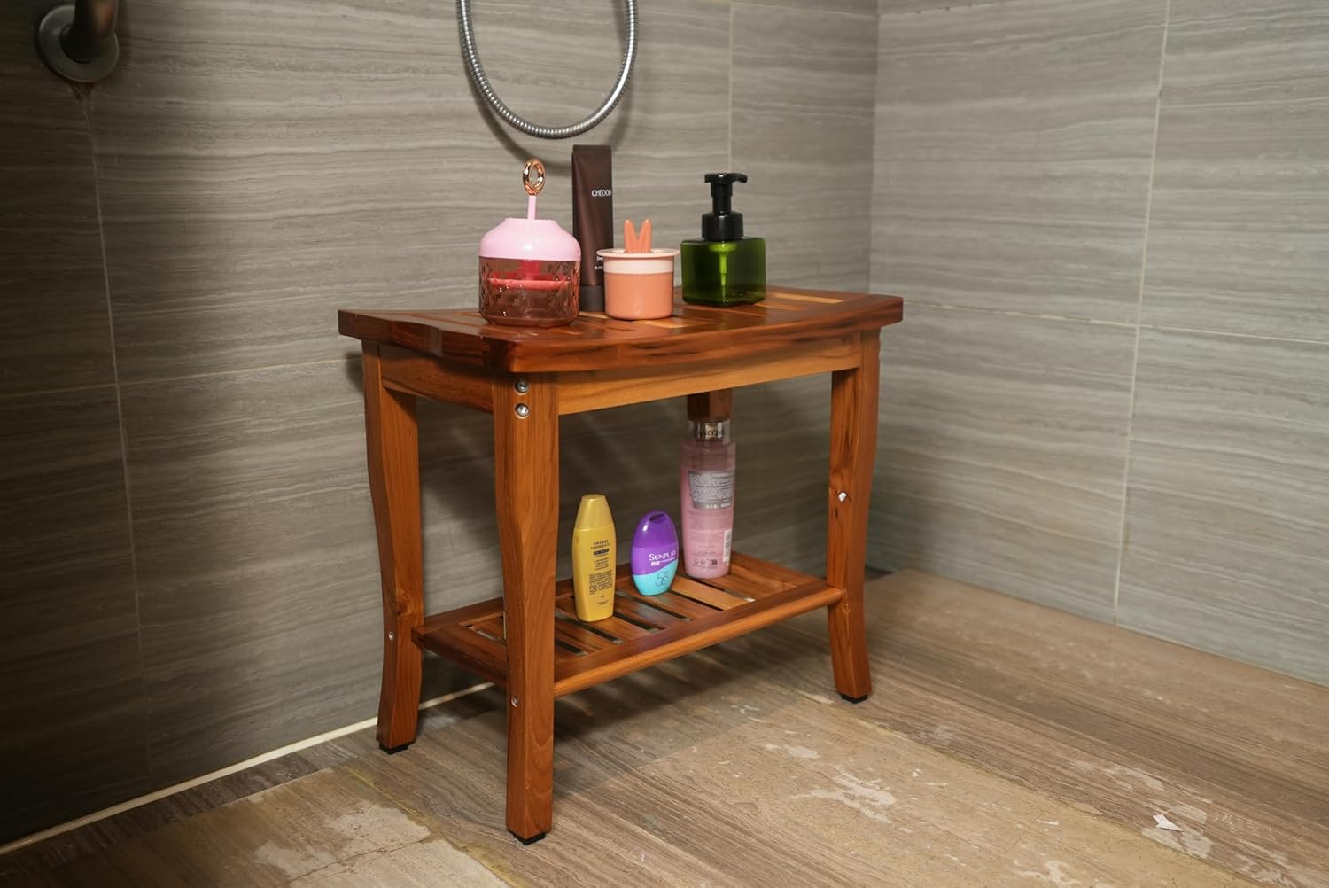 VaeFae Teak-Duschbank Teakholz Bad Sitzbank Ablage Badhocker Hocker aus Teakholz langlebig, leicht und rutschfest, für Zuhause, Badezimmer Hocker Holzbank des Badezimmers Duschhocker