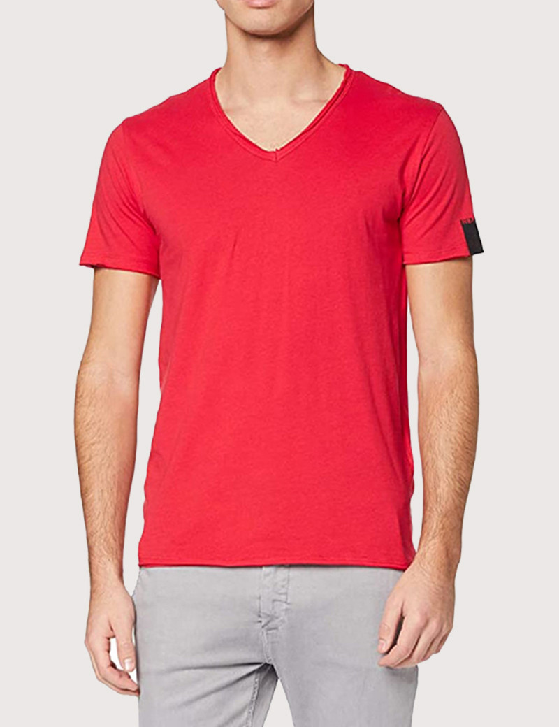 REPLAY T-SHIRT COL V COTON ROUGE