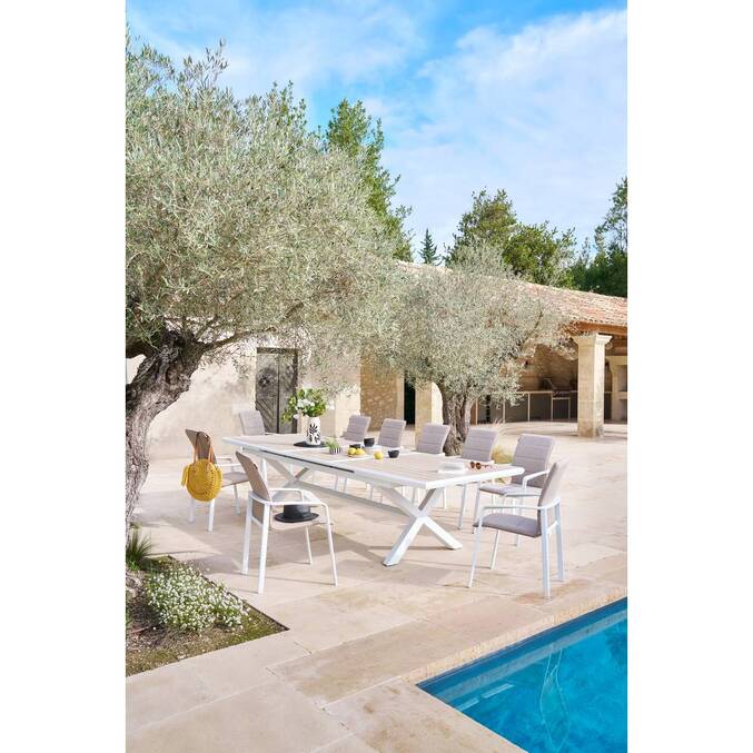 Table de jardin extensible AXIOME Effet bois Lin & Blanc