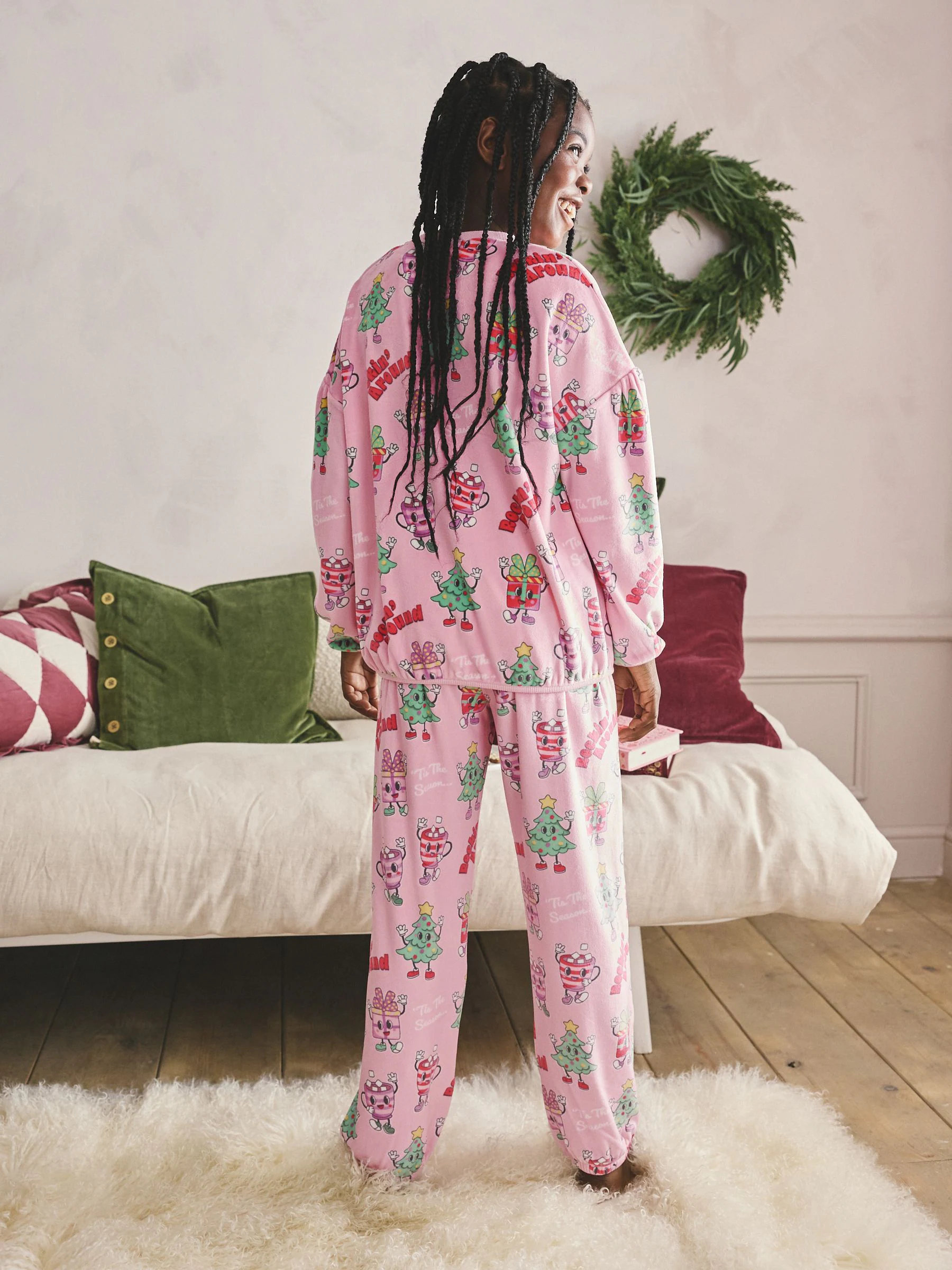 Roze feestelijke kleding - Kerst behaaglijke fleece pyjama (3-16jr)