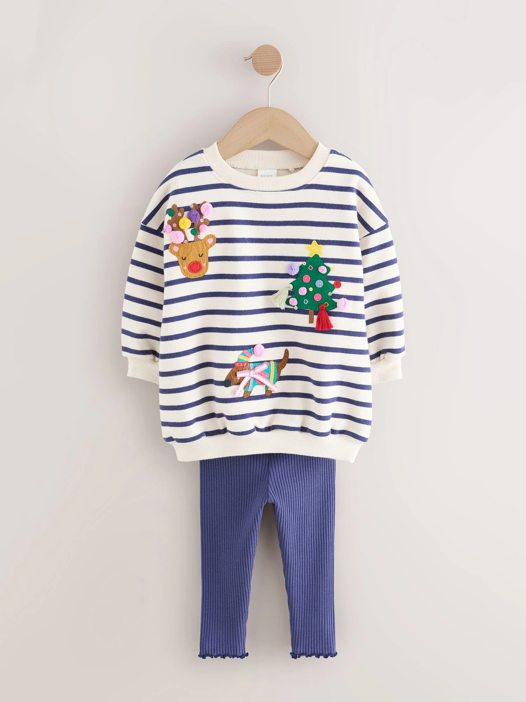 Crème/marineblauwe strepen Kerstmis - Set met sweatshirt en legging (3 mnd-7 jr)