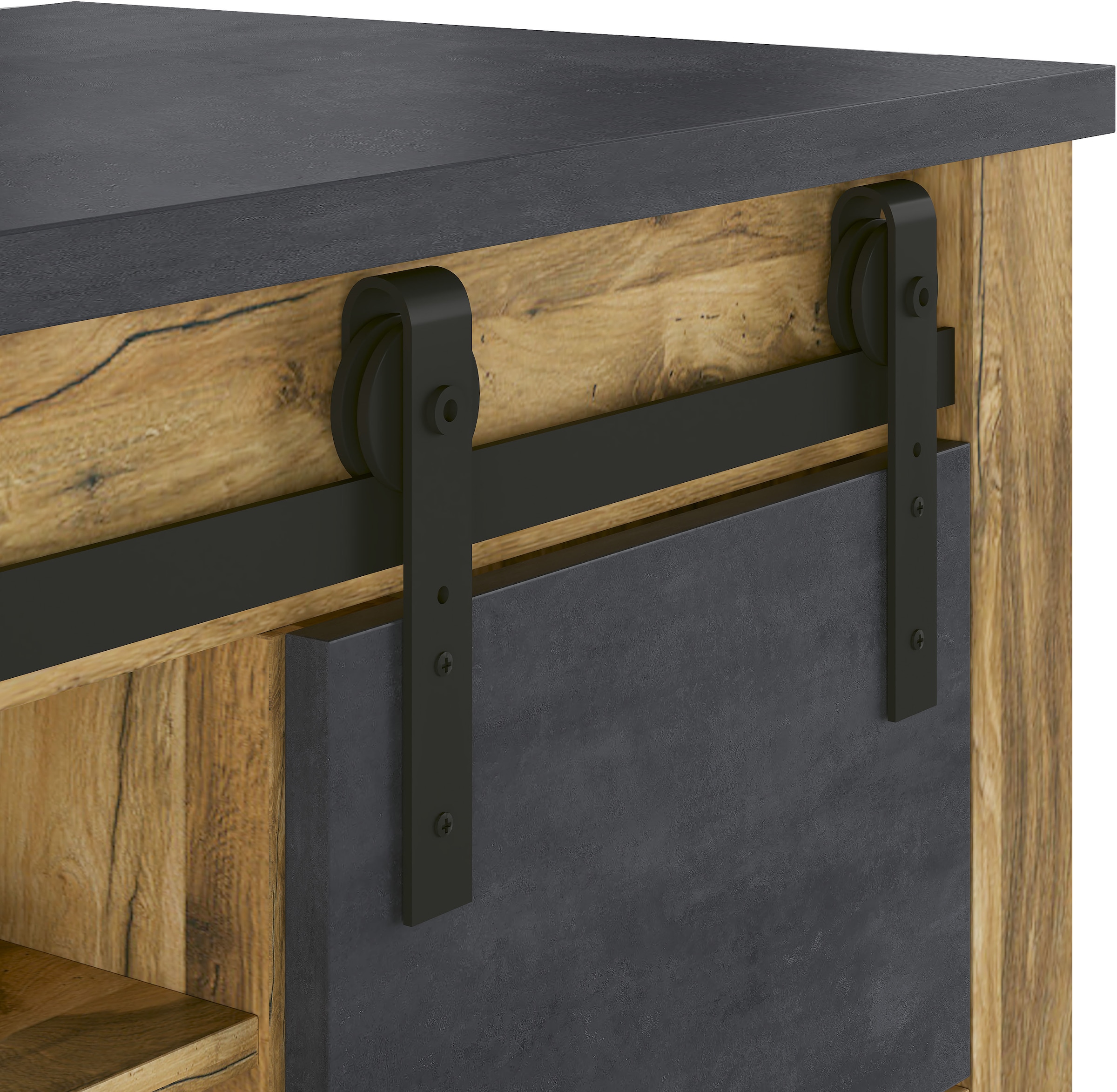 Home affaire Vitrine »York, moderner Hochschrank, Schrank in Hunton Oak Dekor« mit Apothekergriffen aus Metall, Industrialdesign, 200 cm hoch