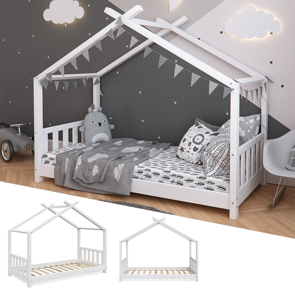 VitaliSpa Kinderbett Design Hausbett Kinderbett Kinder Holz Haus Zaun 80x160cm Weiß