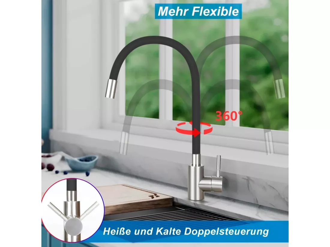 NETTLIFE Robinet de Cuisine avec Poignée Unique Noir Mitigeur en Acier Inoxydable à Rotation à 360°, Flexible et Pivotant pour Évier de Cuisine