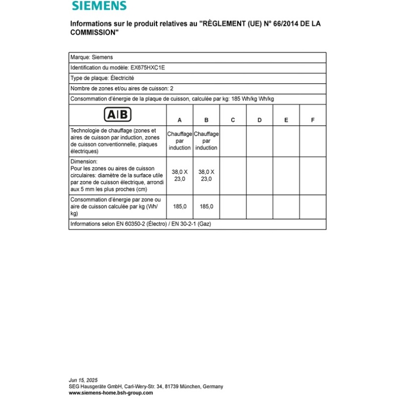 Plaque induction Siemens EX675HXC1E