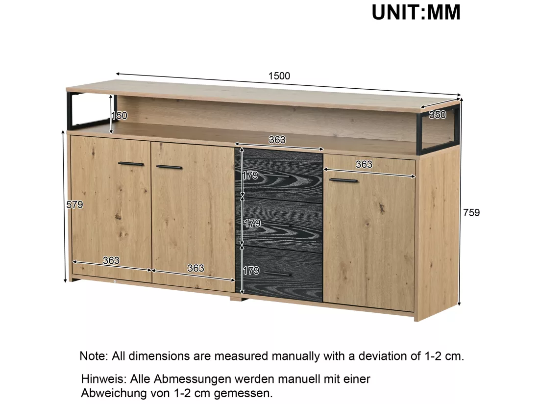 Buffet avec 3 portes et 3 tiroirs - panneaux de particules - coloris naturel et noir