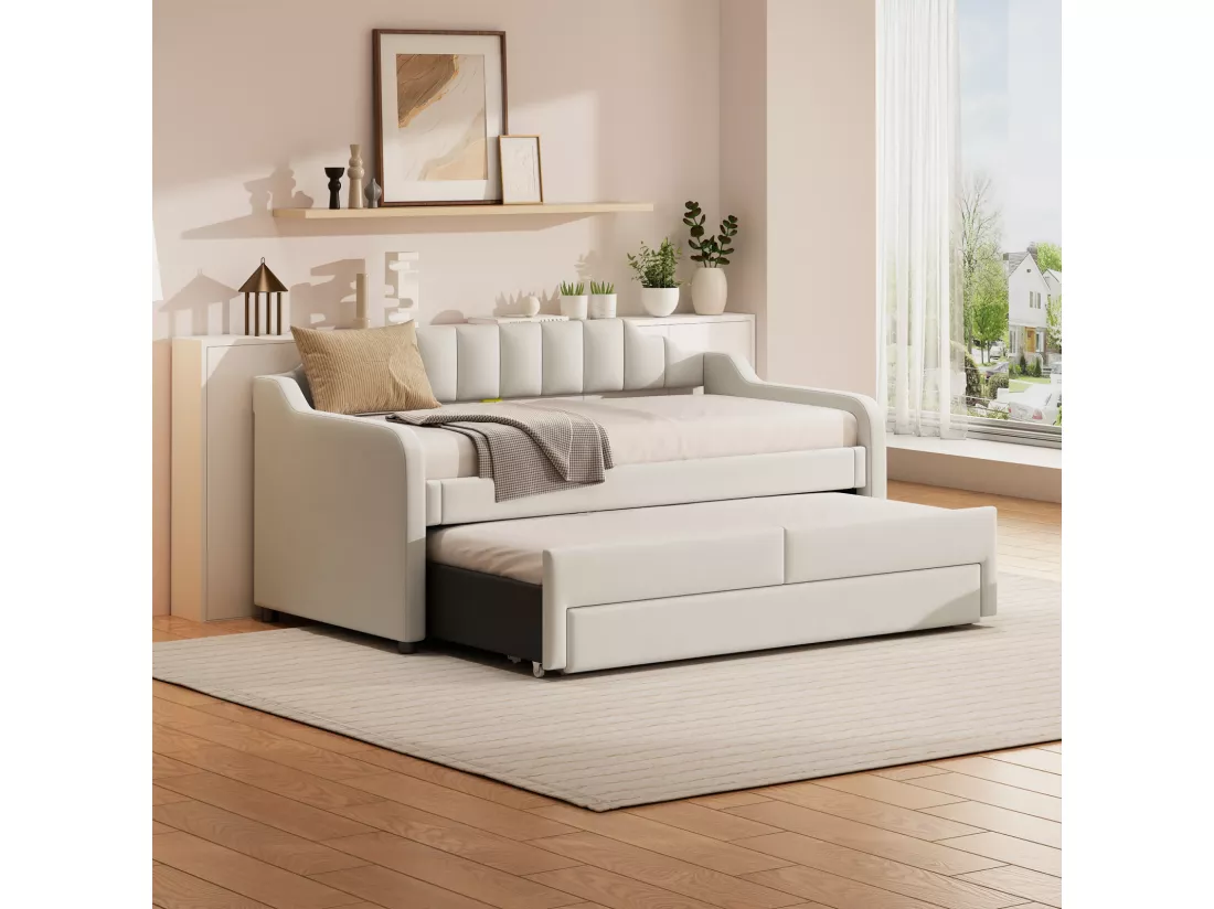 Lit gigogne 90x200+90x190cm, lit d'enfant capitonné avec caisson à roulettes, tiroirs, canapé-lit, beige