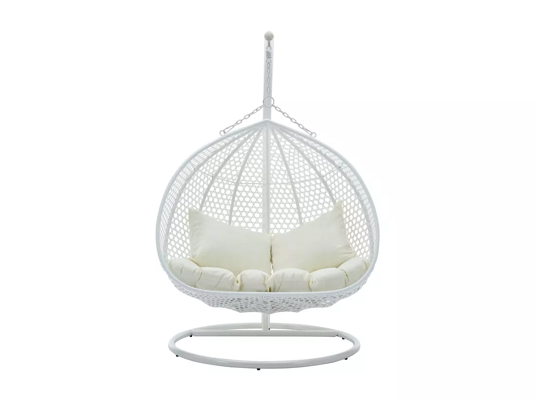 Fauteuil suspendu 2 places en résine tressée - Blanc et coussin beige - VAHINA de MYLIA
