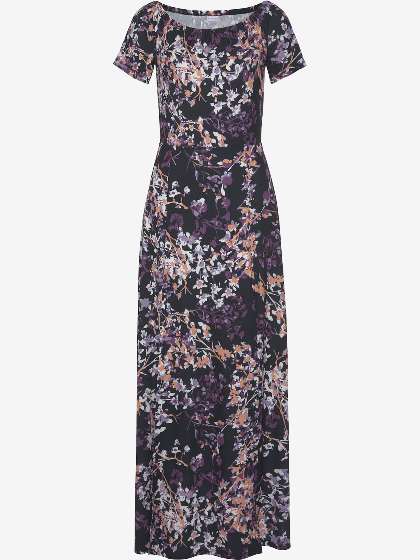 Robe longue encolure carmen avec manches courtes