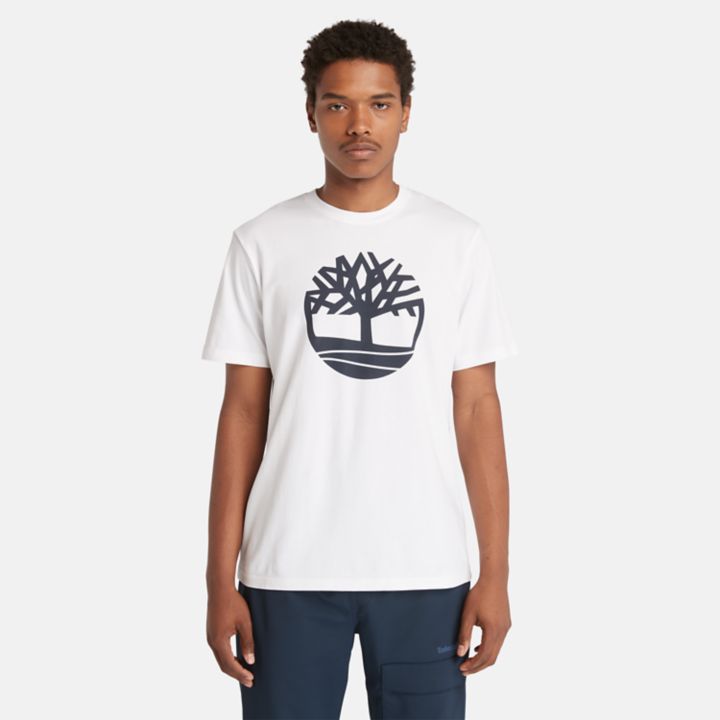 Camiseta masculina branca com o logotipo da árvore do rio Kennebec.
