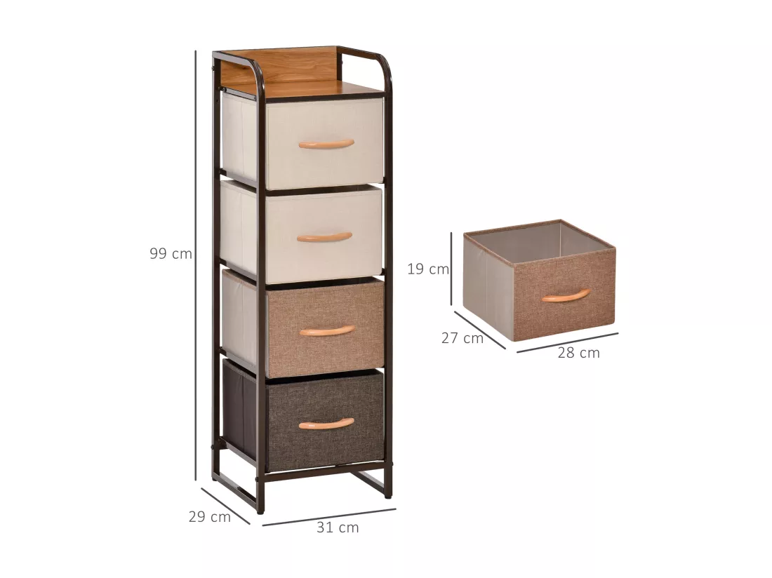 Meuble de rangement chiffonnier 4 tiroirs acier MDF aspect bois non tissé marron beige