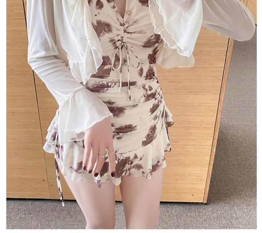 Starleraid - Set: Halter badpak met bloemenprint en sleutelgatkoord + effen geplooid jasje
