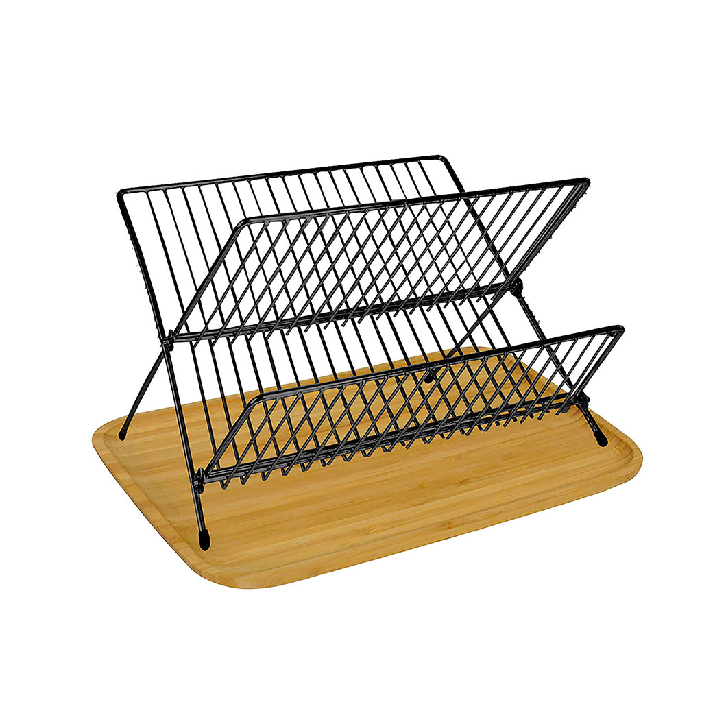 Egouttoir pliable métal noir et bambou 23x43.5x31.5cm