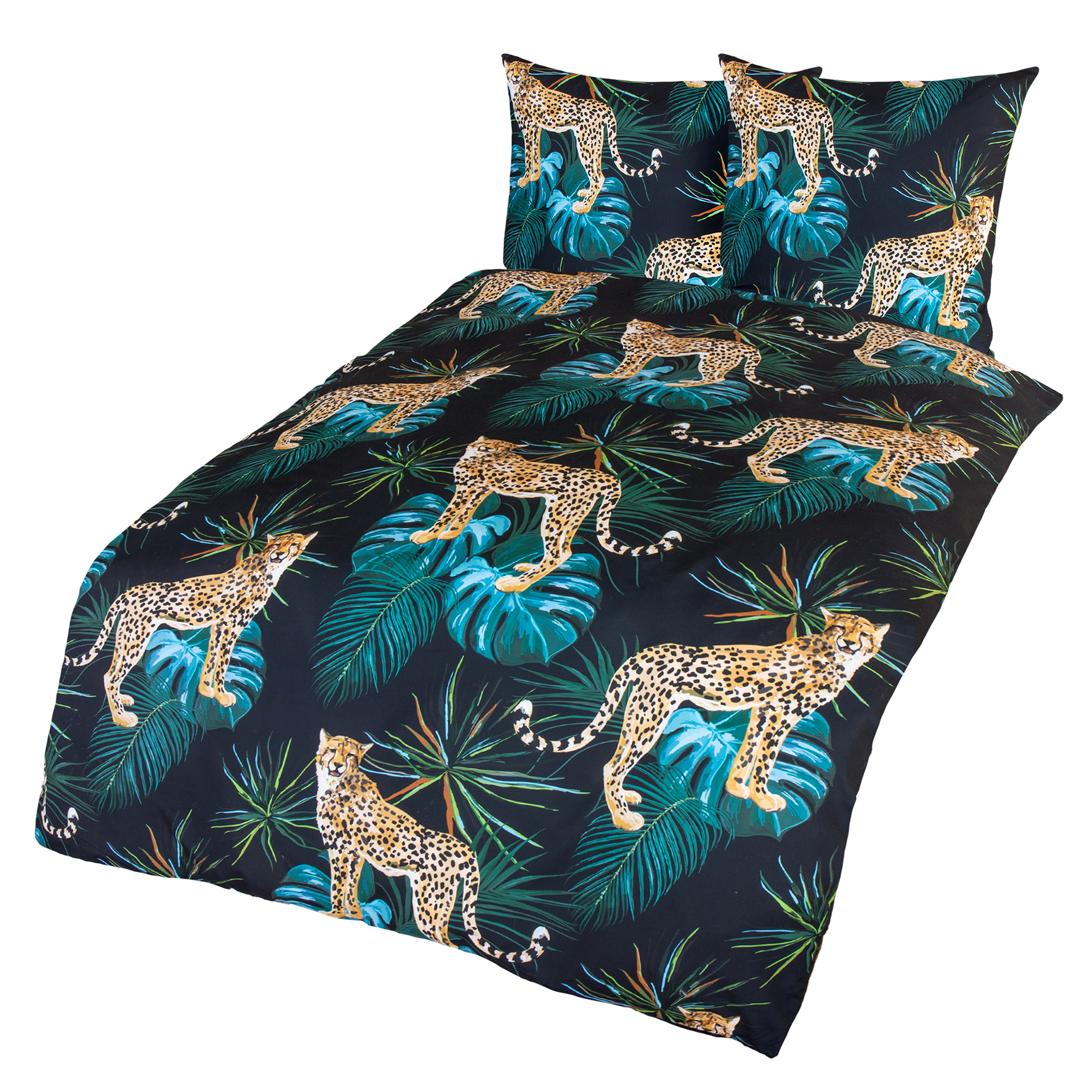 Microfaser-Bettwäsche - schwarz-grün-beige - Gepard - 200x200 cm