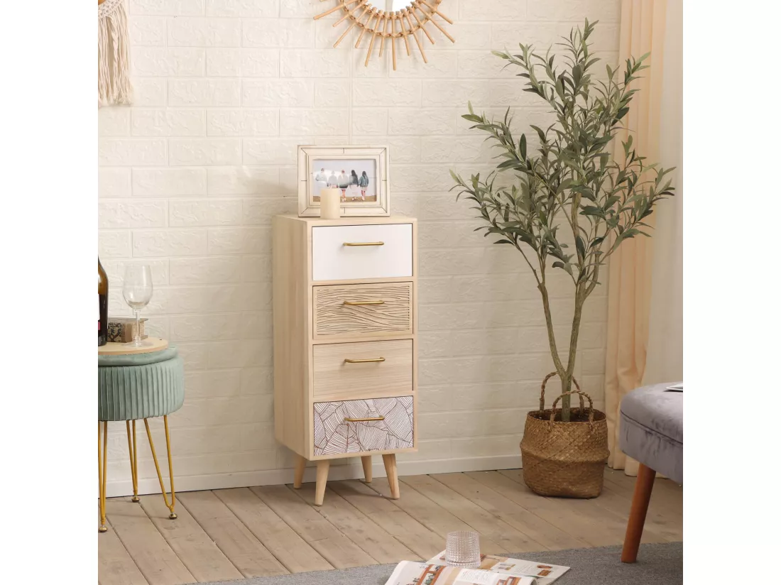 Commode Étroite en Bois avec 4 Tiroirs Style Bohème