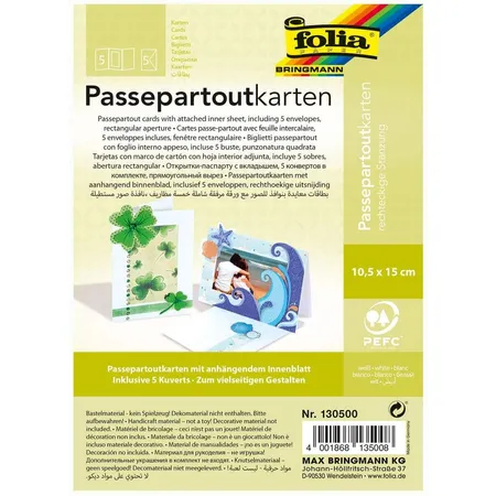Folia Passepartouts mit rechteckiger Stanzung, 5 Karten (220 g/qm) und Kuverts, weiß