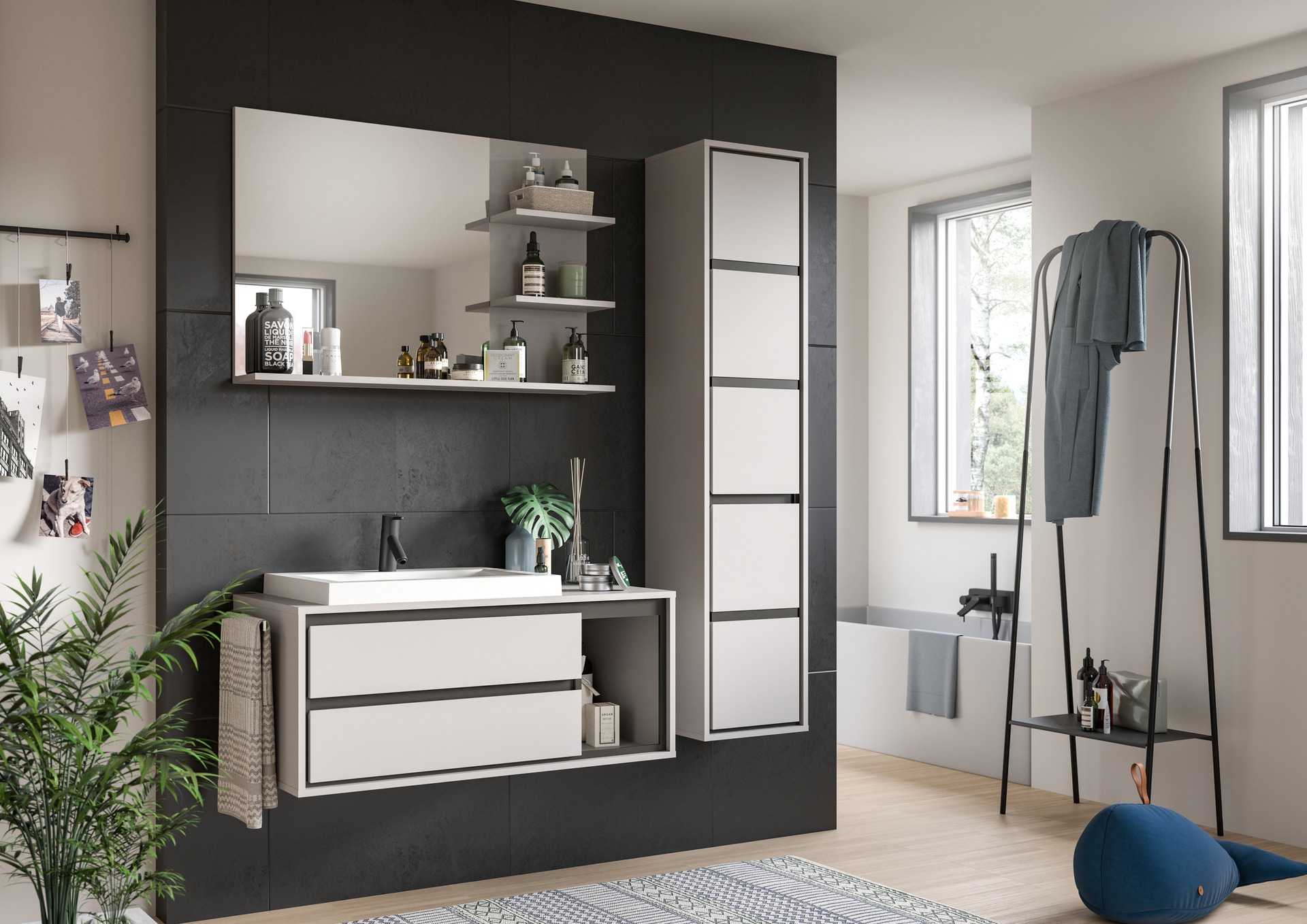 Bad-Hochschrank JARU grau / schwarz